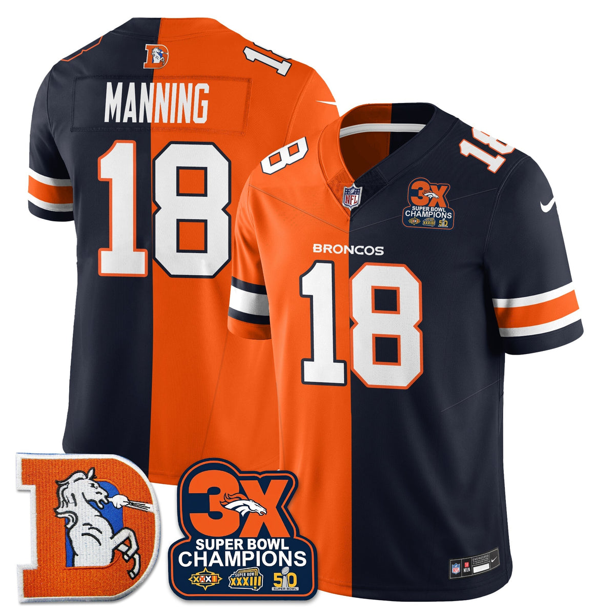 DEN 3-Time Champions Patch Throwback Vapor Limited Split Jersey - Stitched