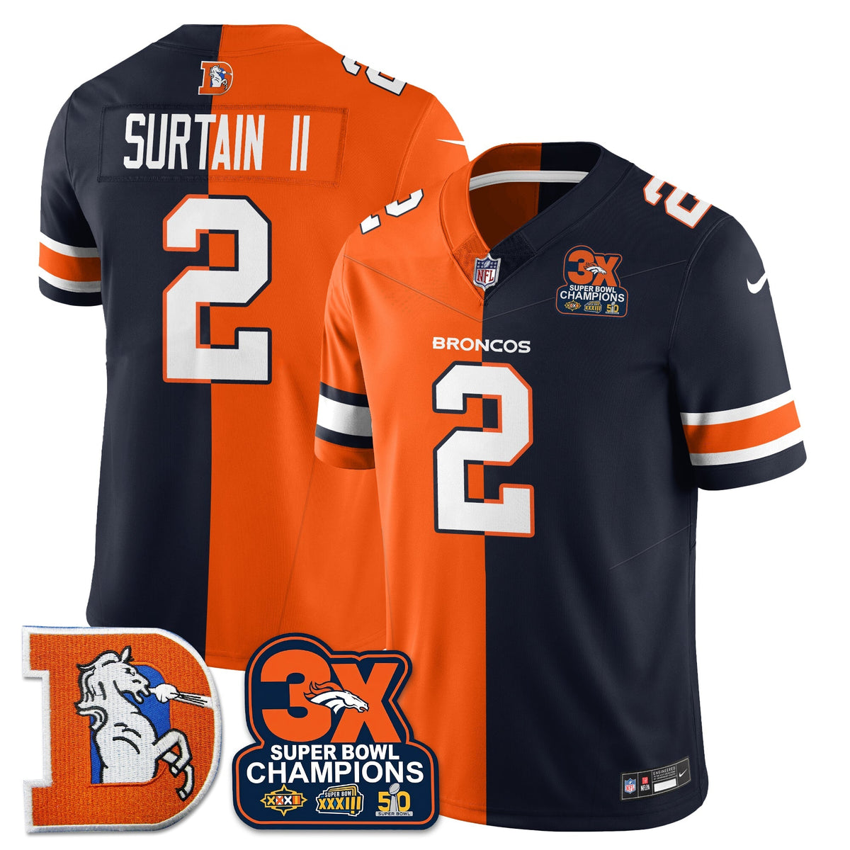 DEN 3-Time Champions Patch Throwback Vapor Limited Split Jersey - Stitched