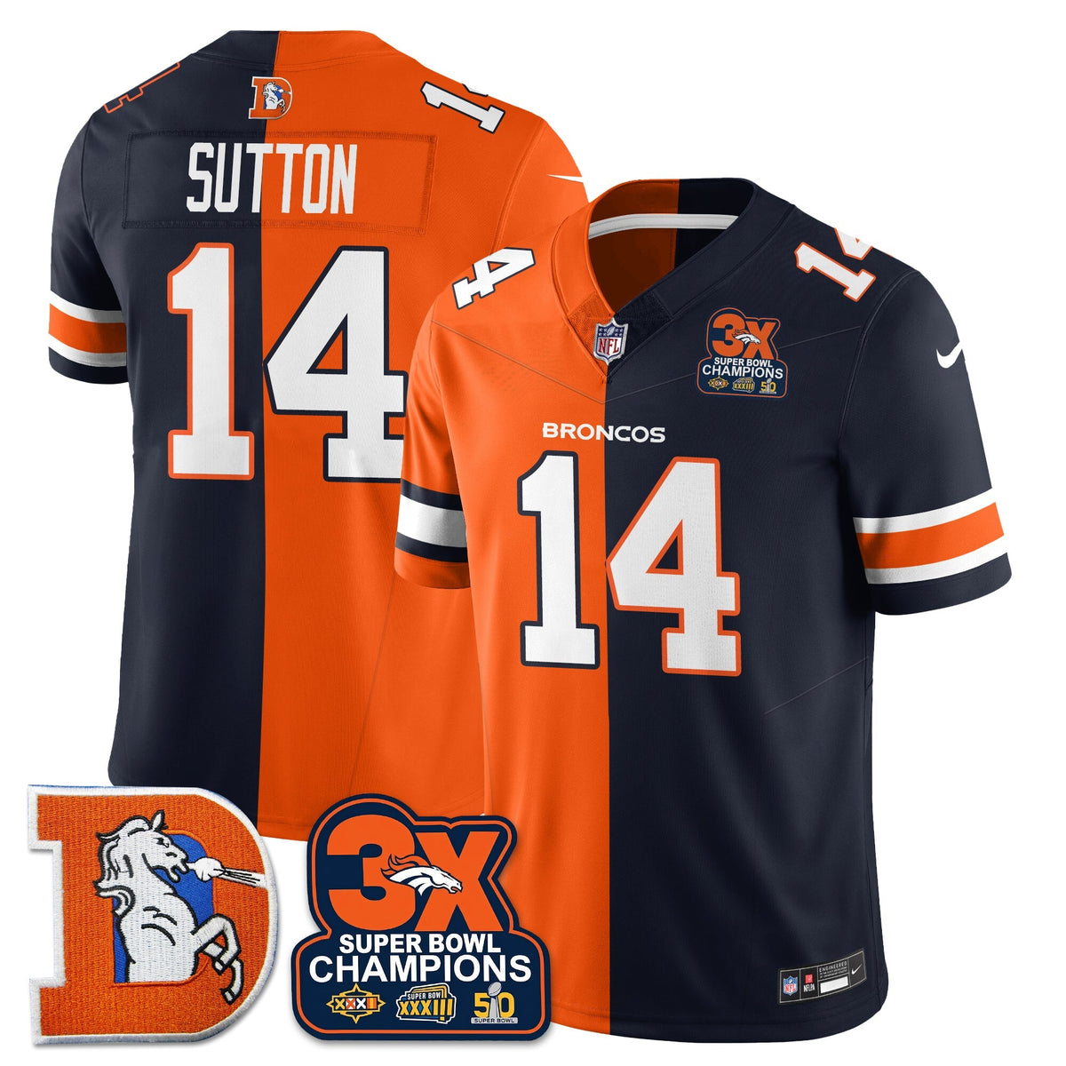 DEN 3-Time Champions Patch Throwback Vapor Limited Split Jersey - Stitched