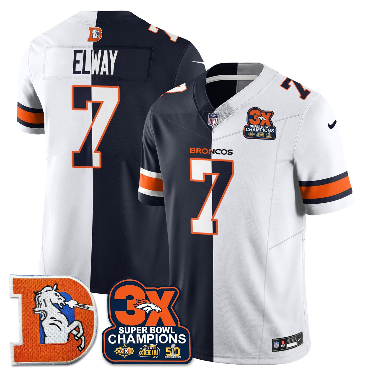 DEN 3-Time Champions Patch Throwback Vapor Limited Split Jersey - Stitched