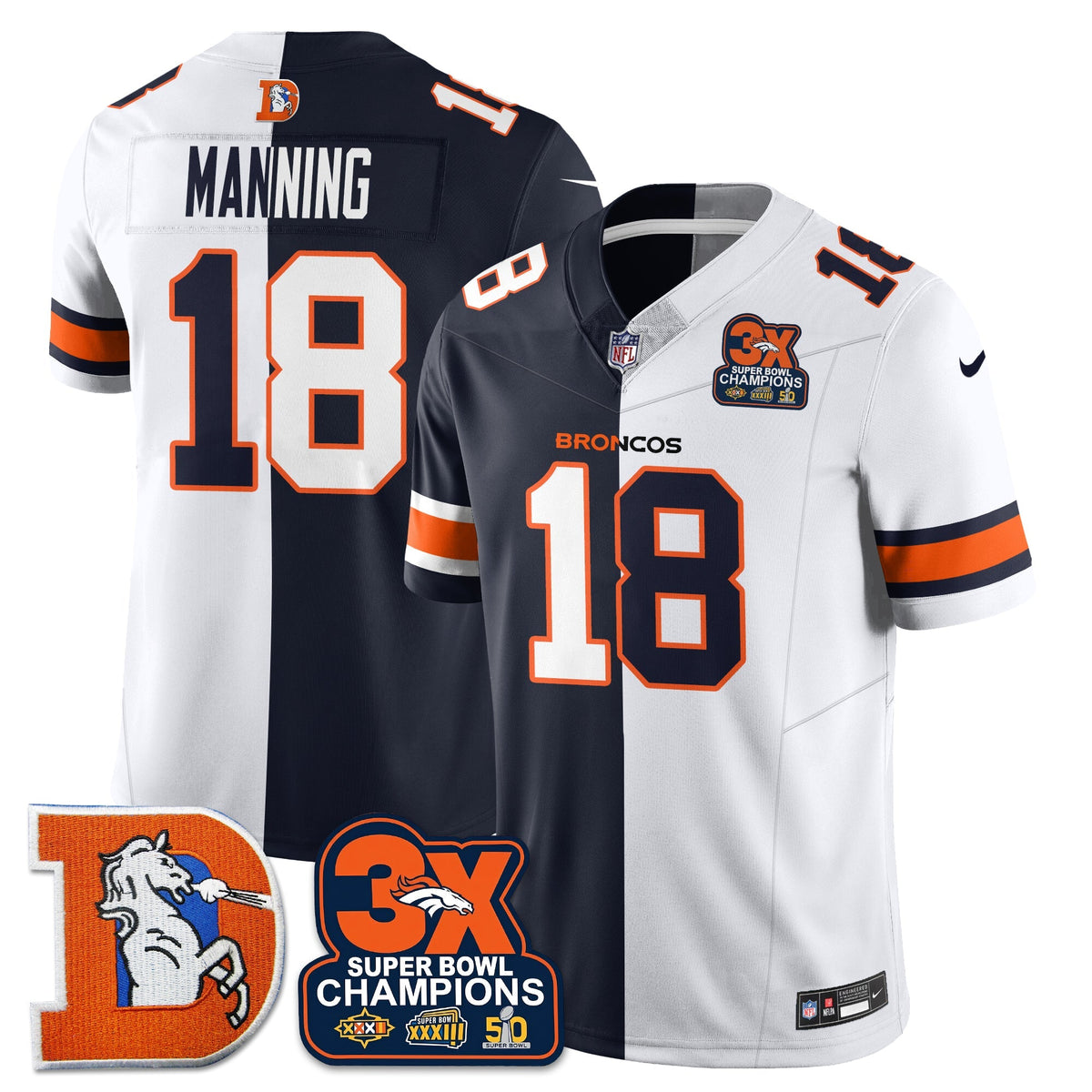 DEN 3-Time Champions Patch Throwback Vapor Limited Split Jersey - Stitched
