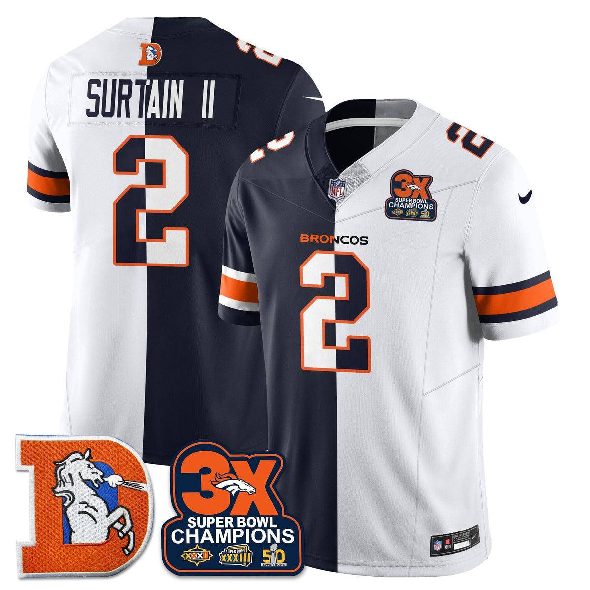 DEN 3-Time Champions Patch Throwback Vapor Limited Split Jersey - Stitched