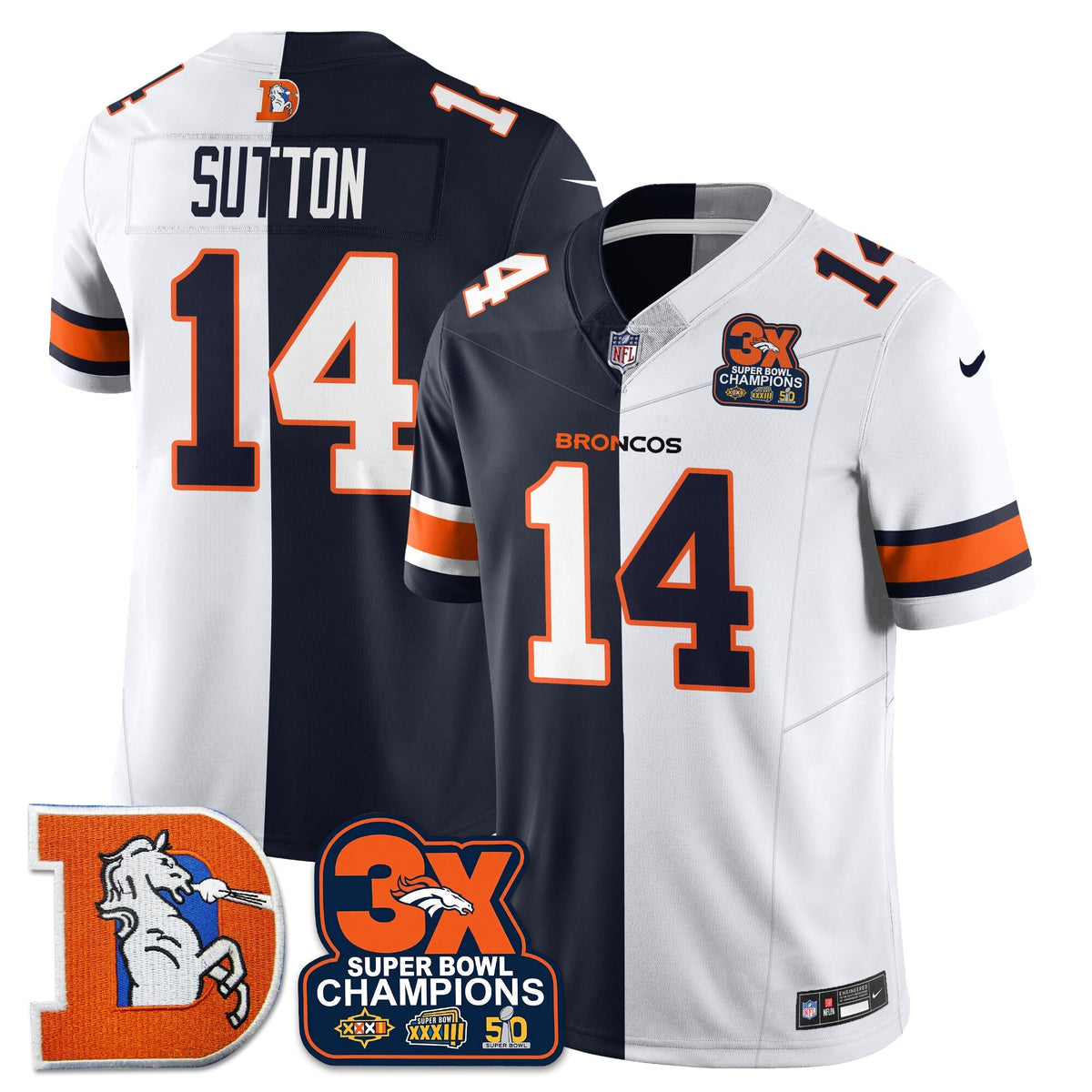 DEN 3-Time Champions Patch Throwback Vapor Limited Split Jersey - Stitched