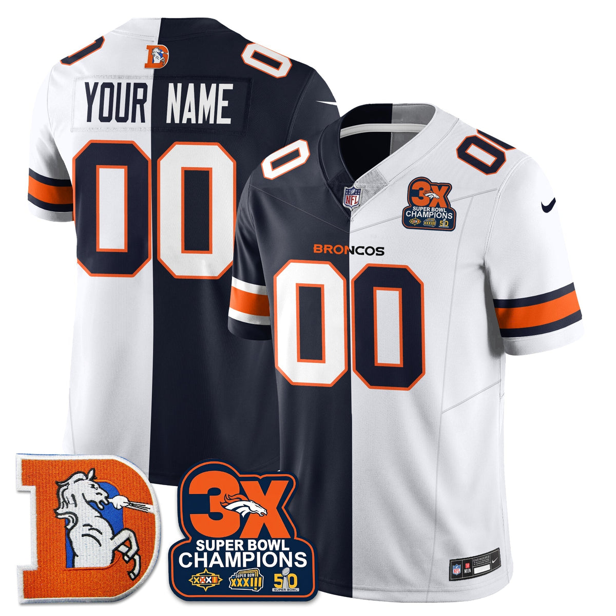 DEN 3-Time Champions Patch Throwback Vapor Limited Split Jersey - Stitched