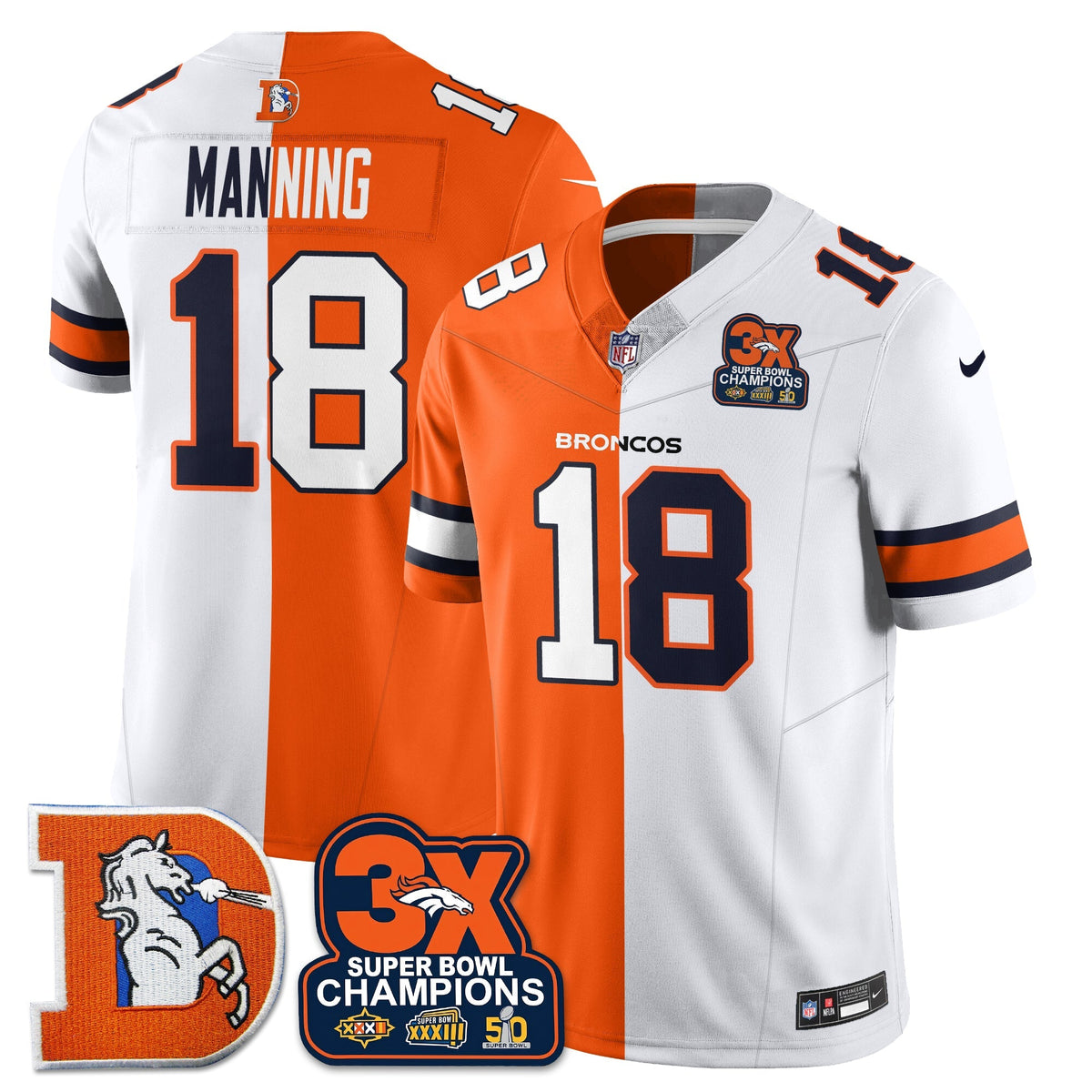 DEN 3-Time Champions Patch Throwback Vapor Limited Split Jersey - Stitched