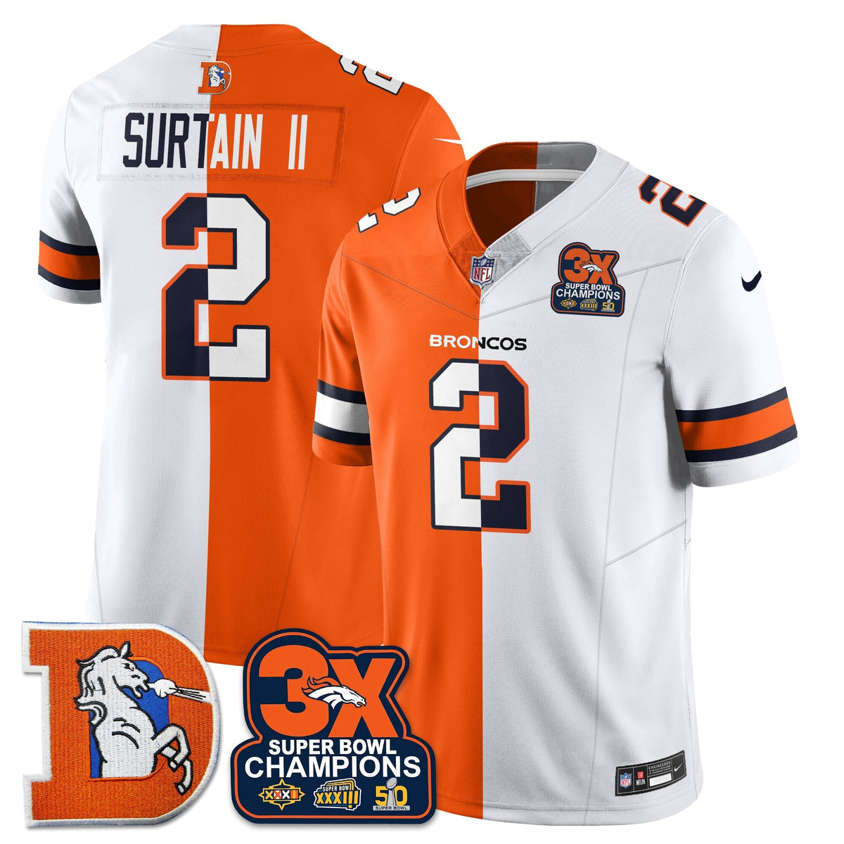 DEN 3-Time Champions Patch Throwback Vapor Limited Split Jersey - Stitched