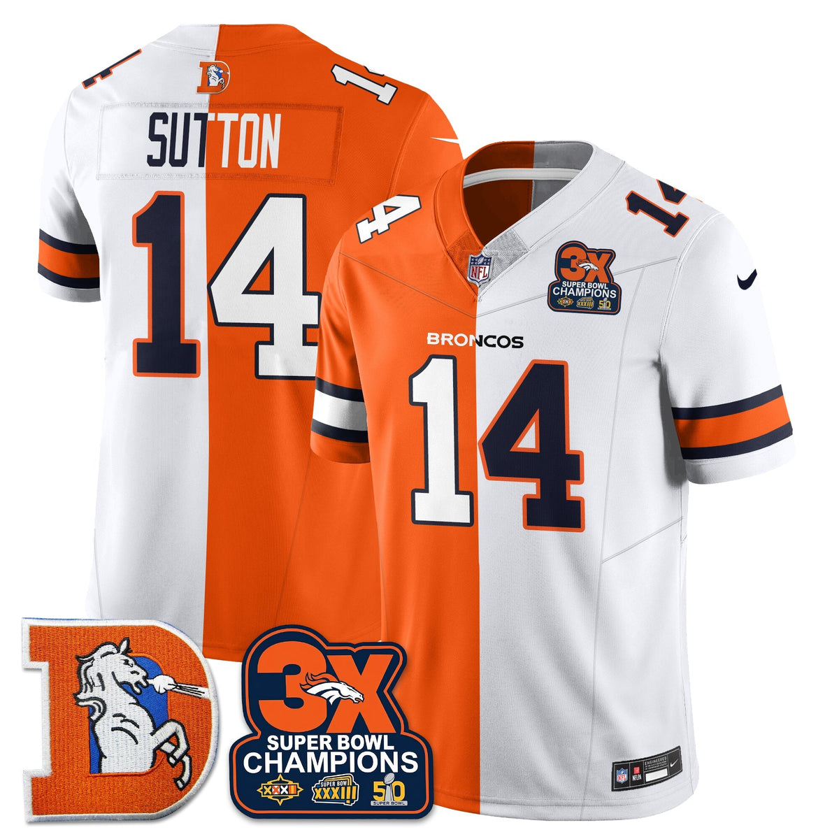 DEN 3-Time Champions Patch Throwback Vapor Limited Split Jersey - Stitched
