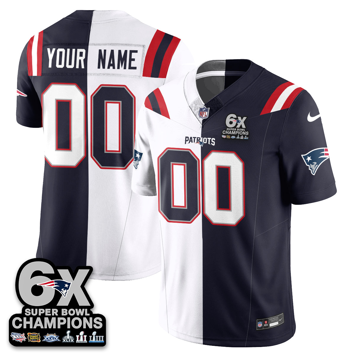 Custom NE 6-Time Champions Patch Vapor Limited Split Jersey - Stitched
