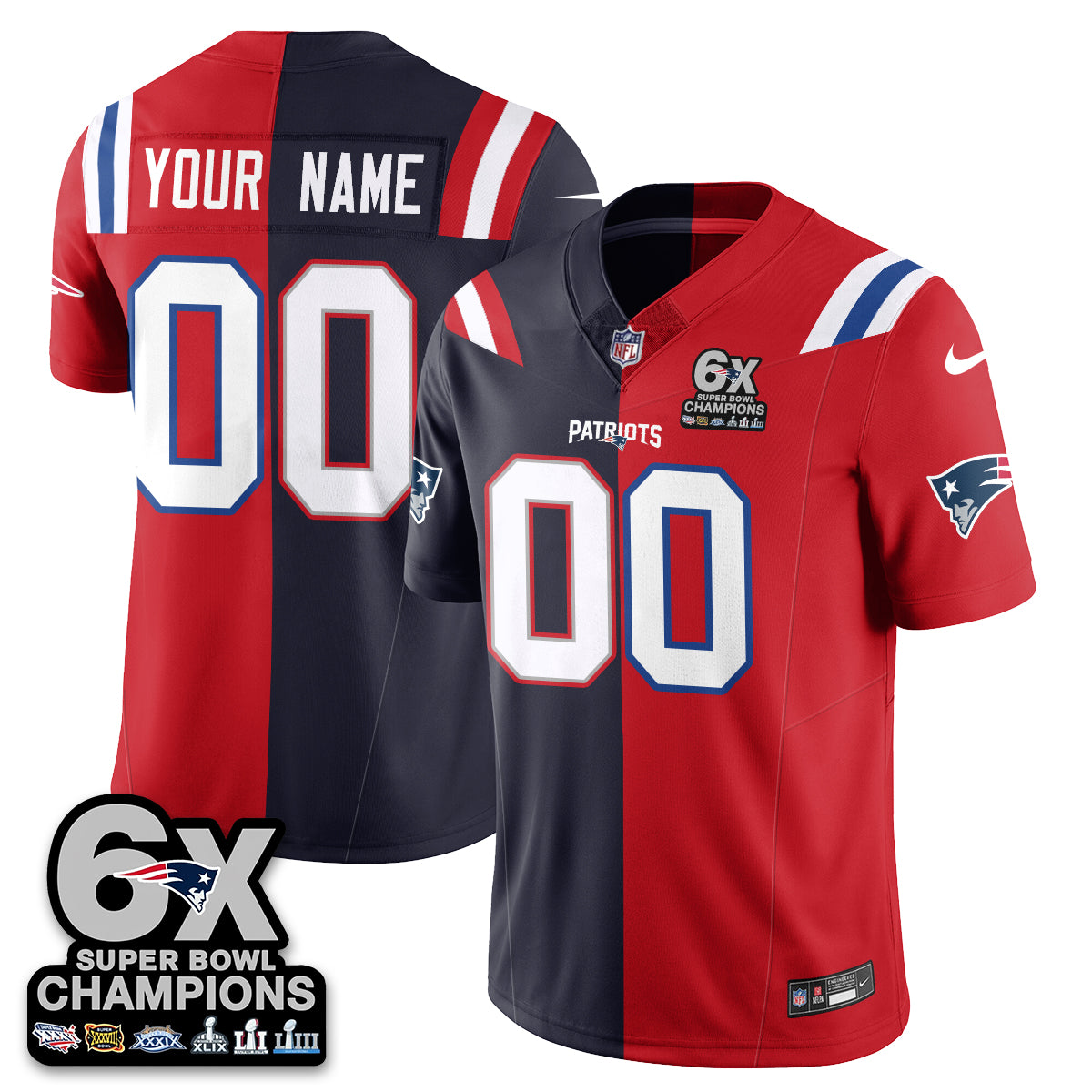 Custom NE 6-Time Champions Patch Vapor Limited Split Jersey - Stitched