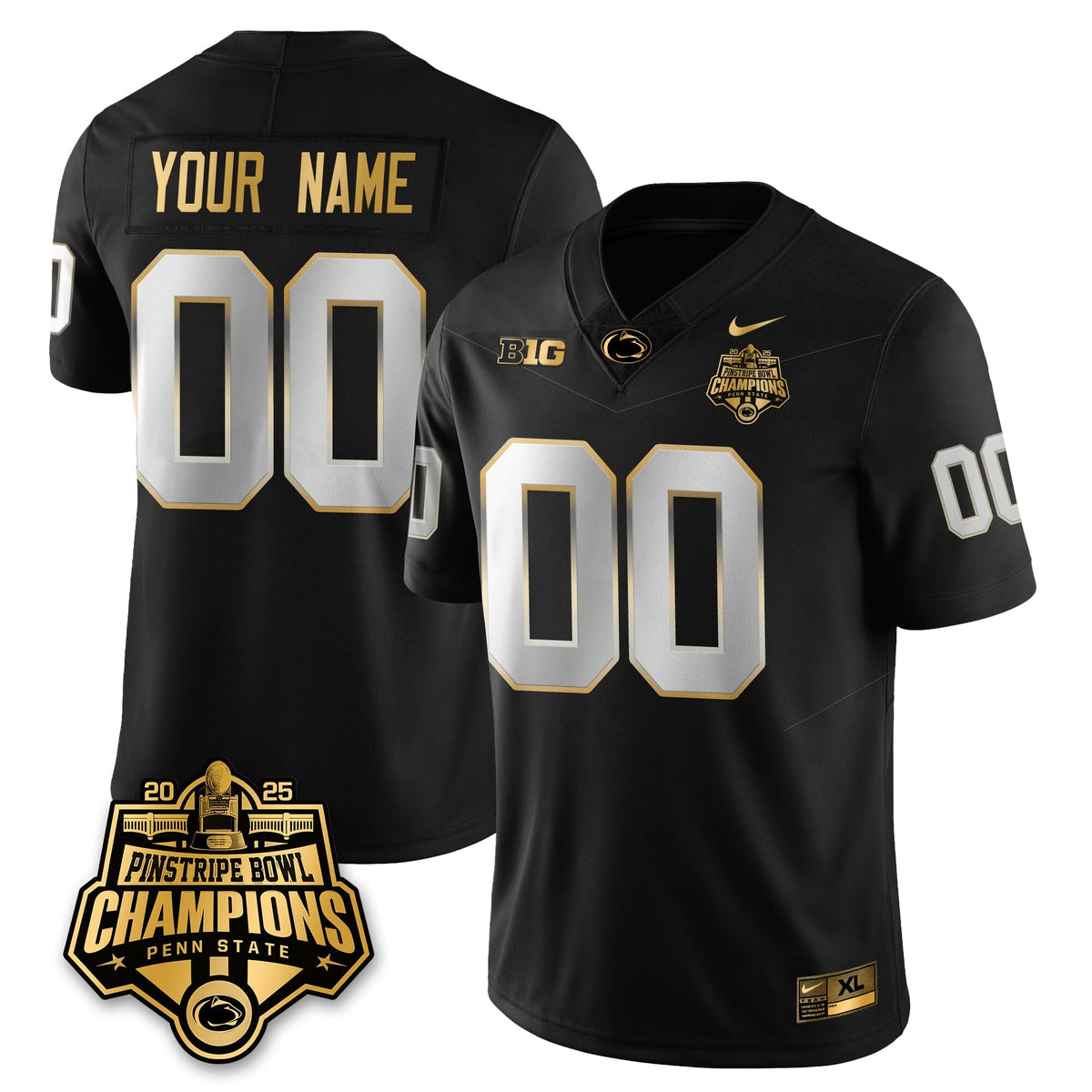 Custom PSU Football 2025 Pinstripe Bowl Champions Gold Jersey - Stitched
