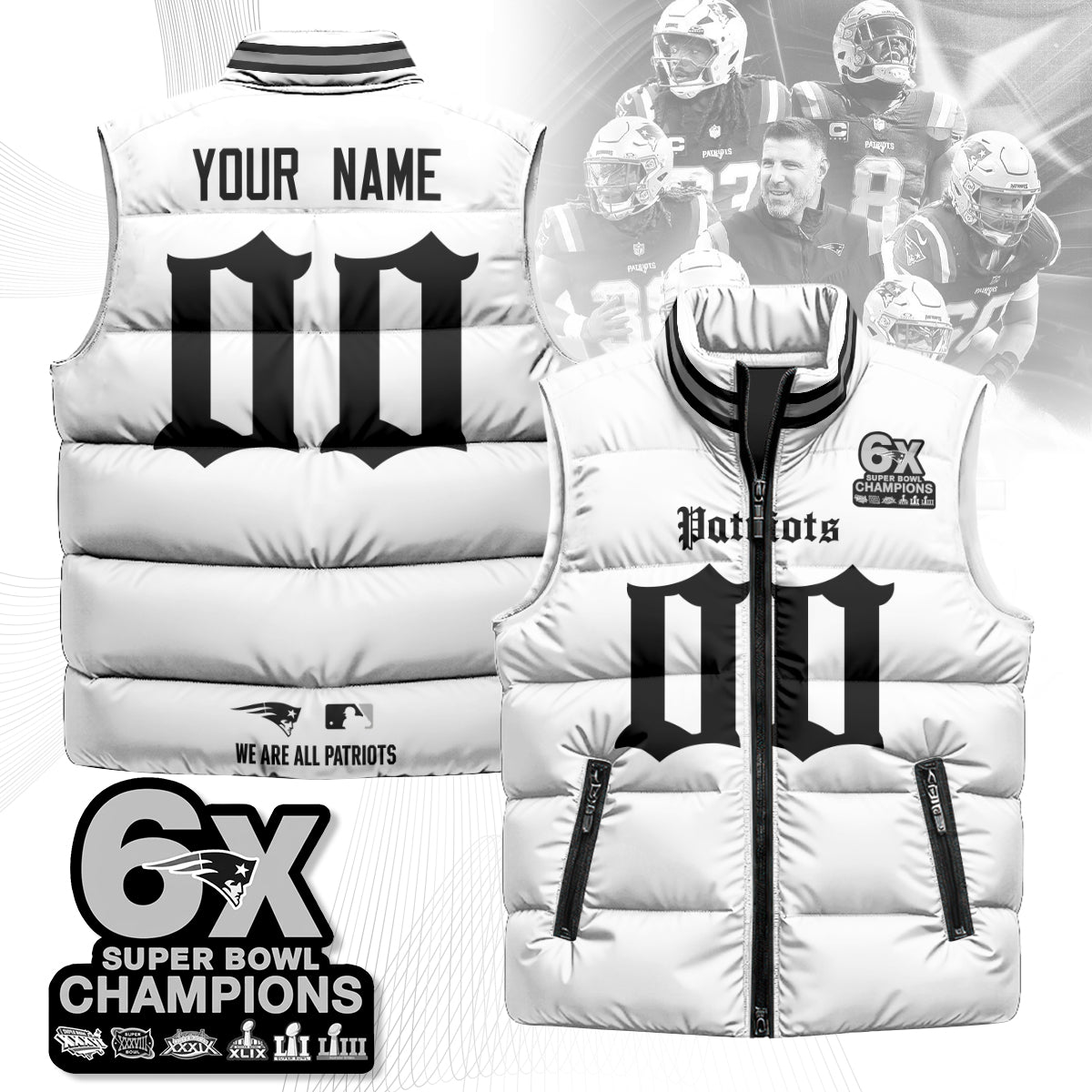 Custom NE 6-Time Champions Gothic Unisex Puffer Vest