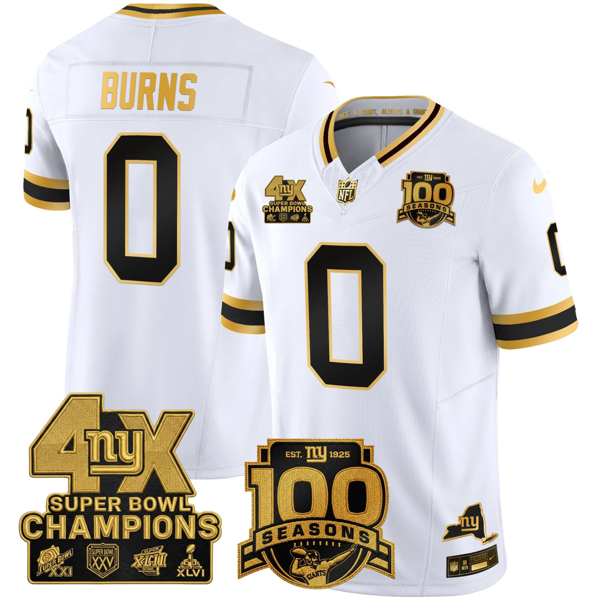 NYG 4X Champions & 100th Season Patch Vapor Limited Gold Jersey - Stitched-NQD