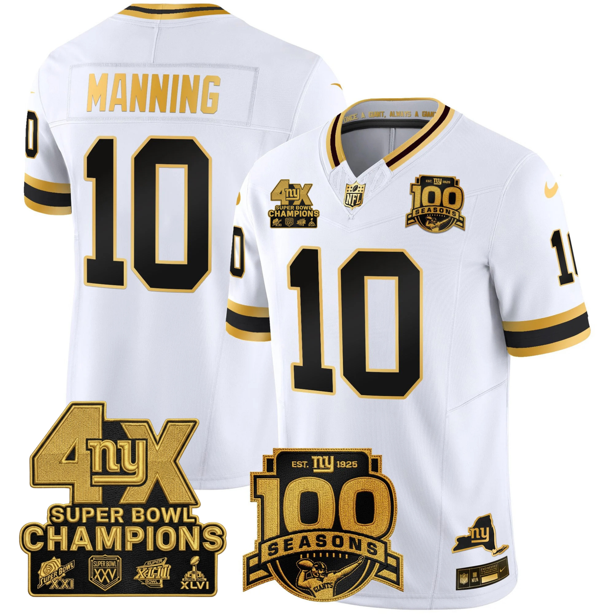NYG 4X Champions & 100th Season Patch Vapor Limited Gold Jersey - Stitched-NQD