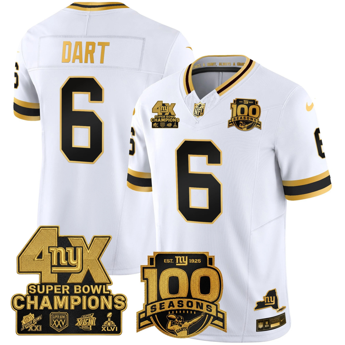 NYG 4X Champions & 100th Season Patch Vapor Limited Gold Jersey - Stitched-NQD