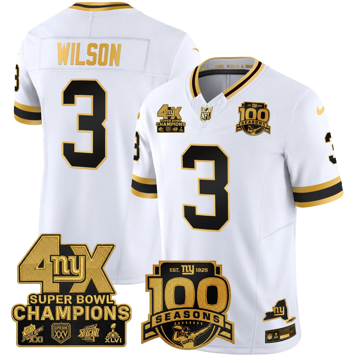 NYG 4X Champions & 100th Season Patch Vapor Limited Gold Jersey - Stitched-NQD