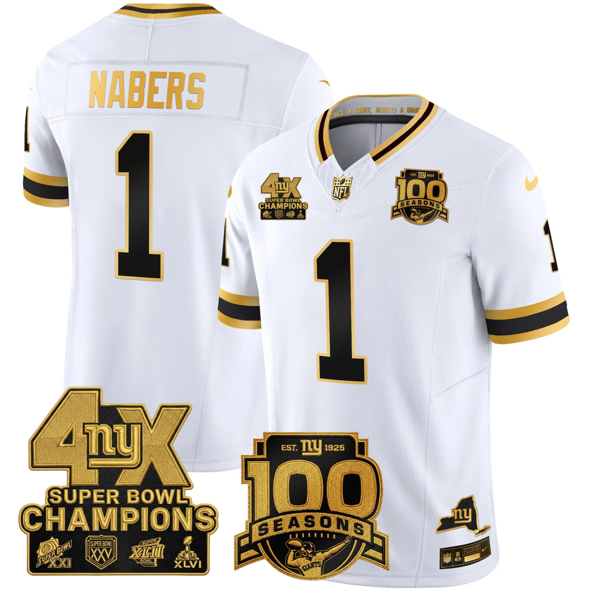 NYG 4X Champions & 100th Season Patch Vapor Limited Gold Jersey - Stitched-NQD