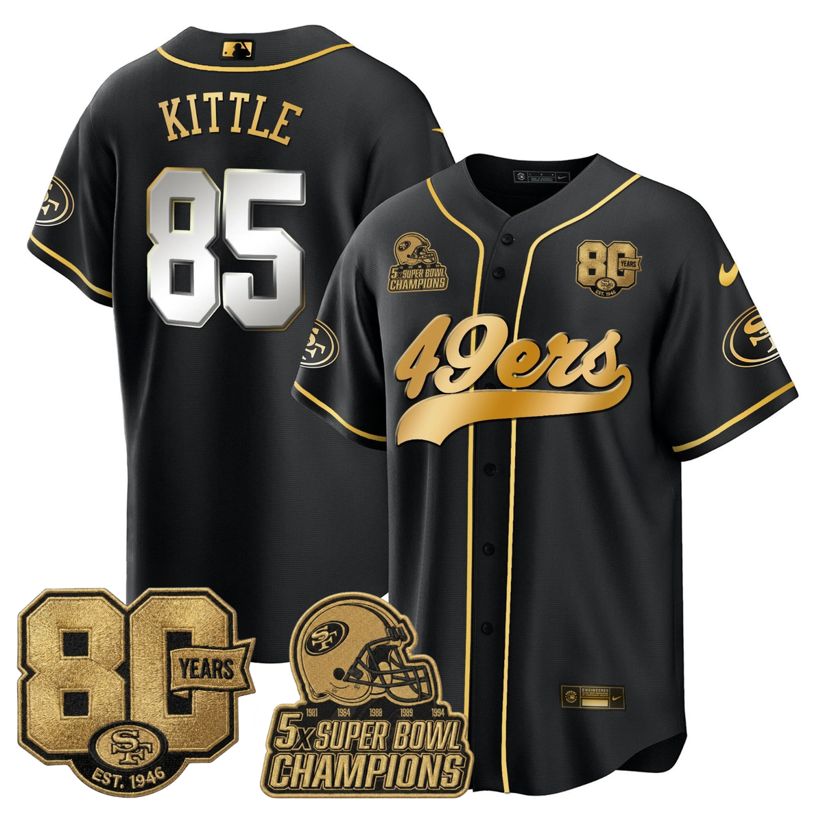 SF 80 Years & 5X Champs Patch Black Gold Baseball Jersey - Stitched