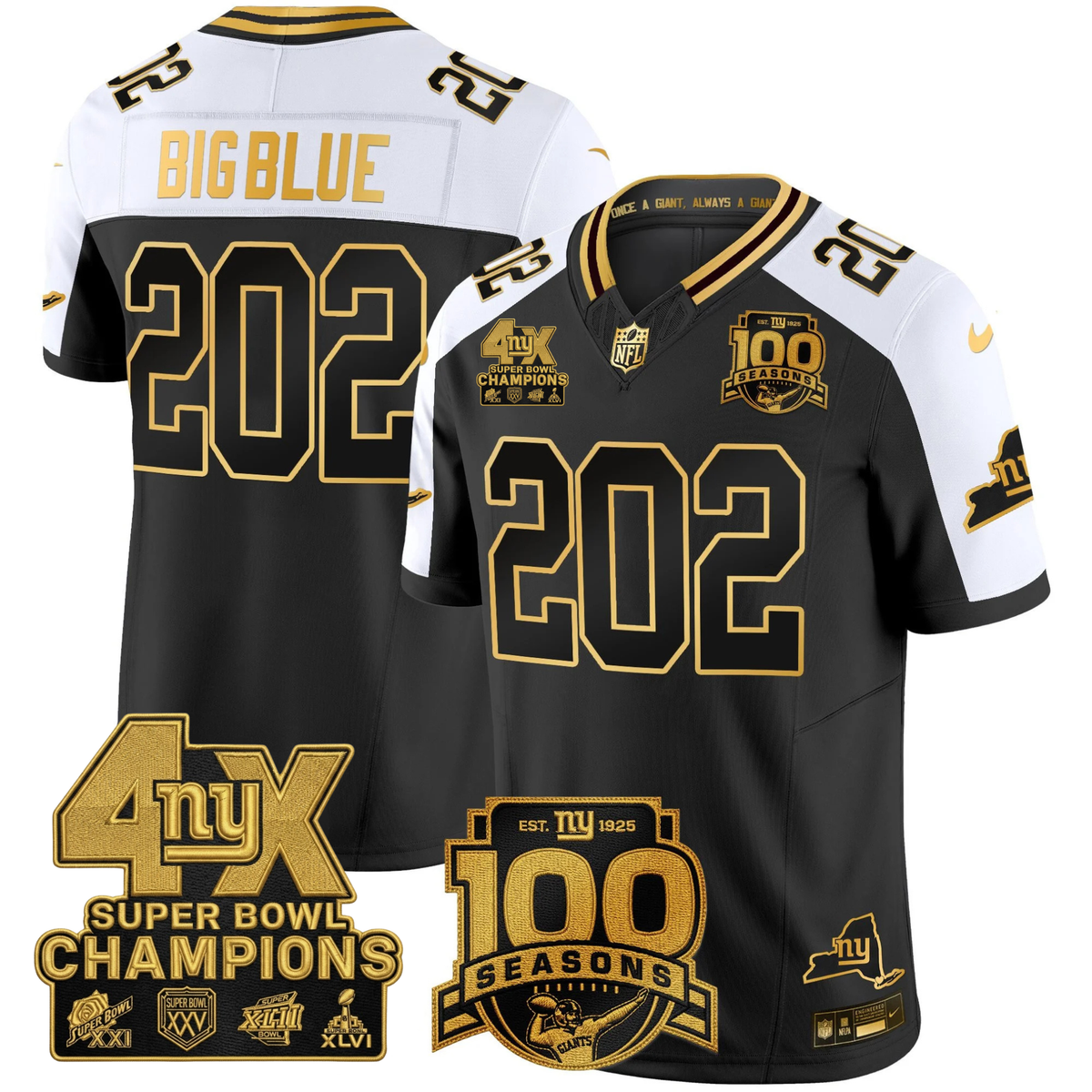 NYG 4X Champions & 100th Season Patch Vapor Limited Gold Jersey - Stitched-NQD