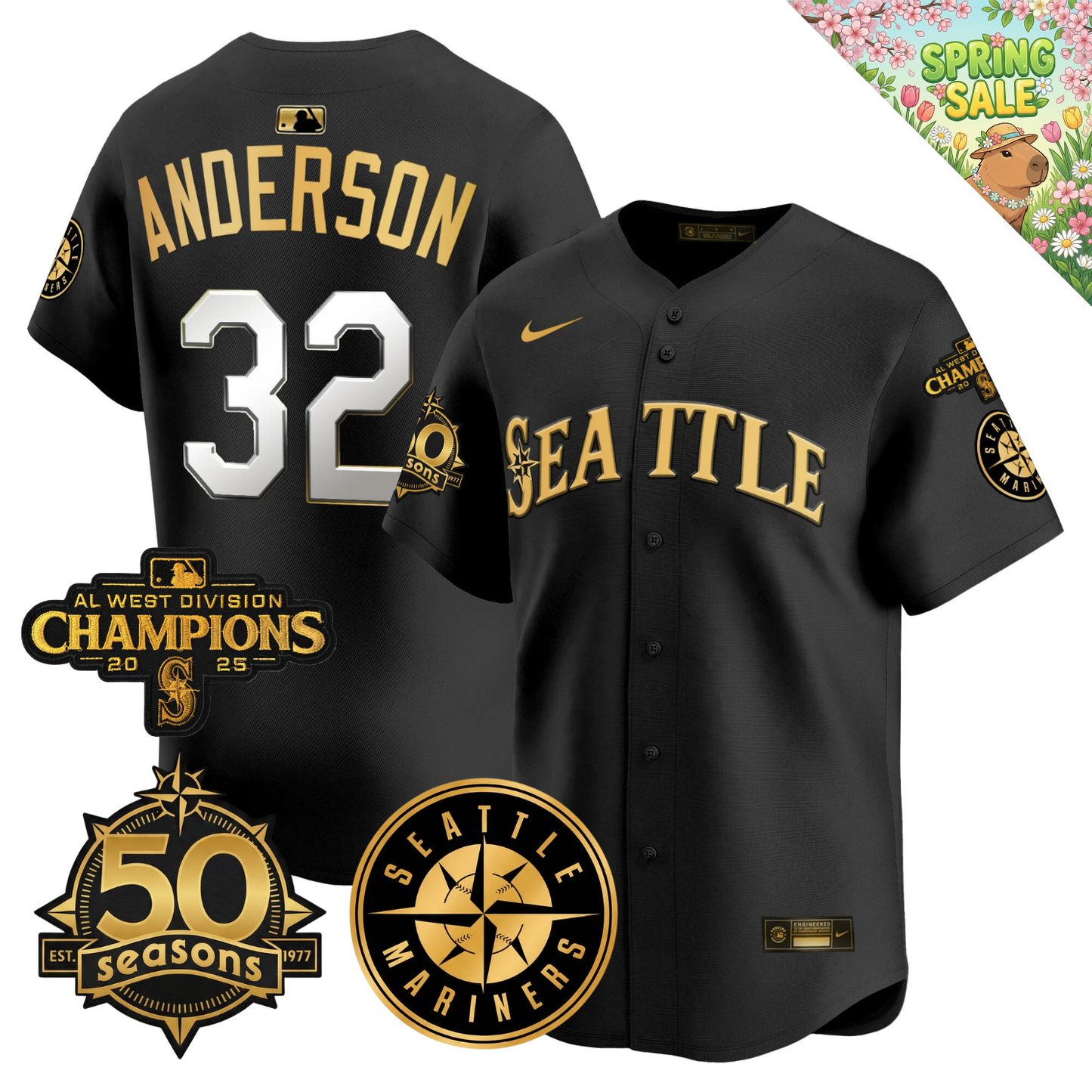 SEA Vapor Limited Gold Jersey - 50th Anniversary & 2025 AL West Champs Patch - All Stitched