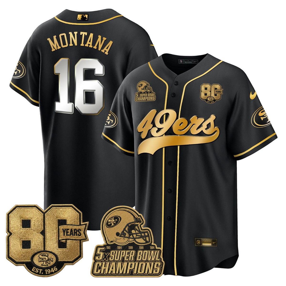 SF 80 Years & 5X Champs Patch Black Gold Baseball Jersey - Stitched