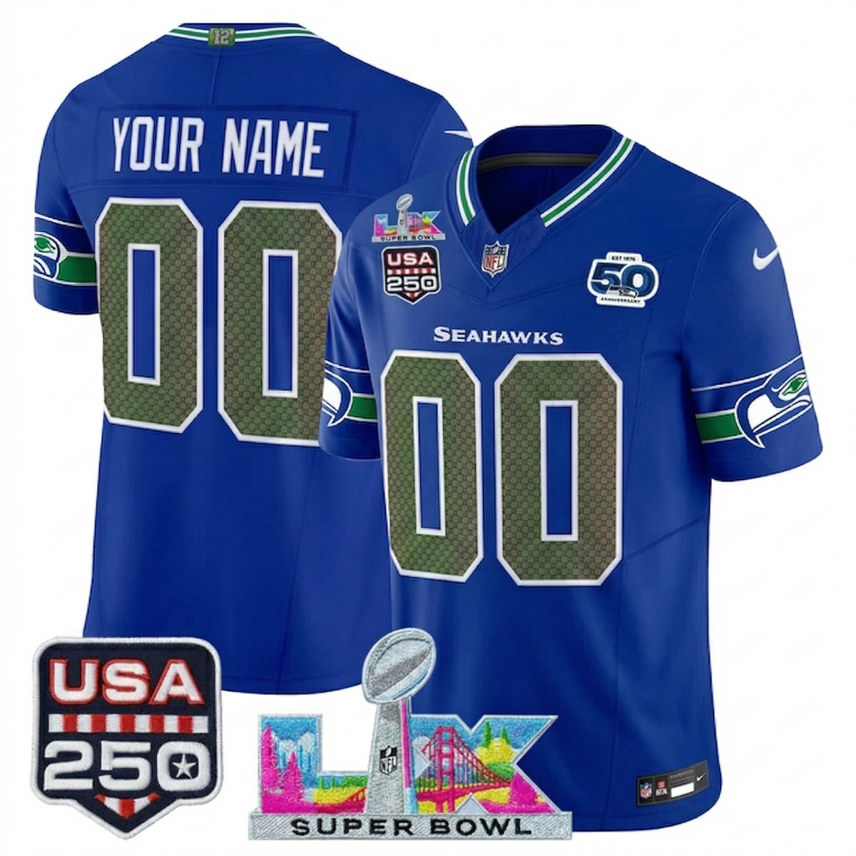 SEA "Super Bowl LX & United States 250th Anniversary Patch" Vapor Limited Custom Jersey - Stitched