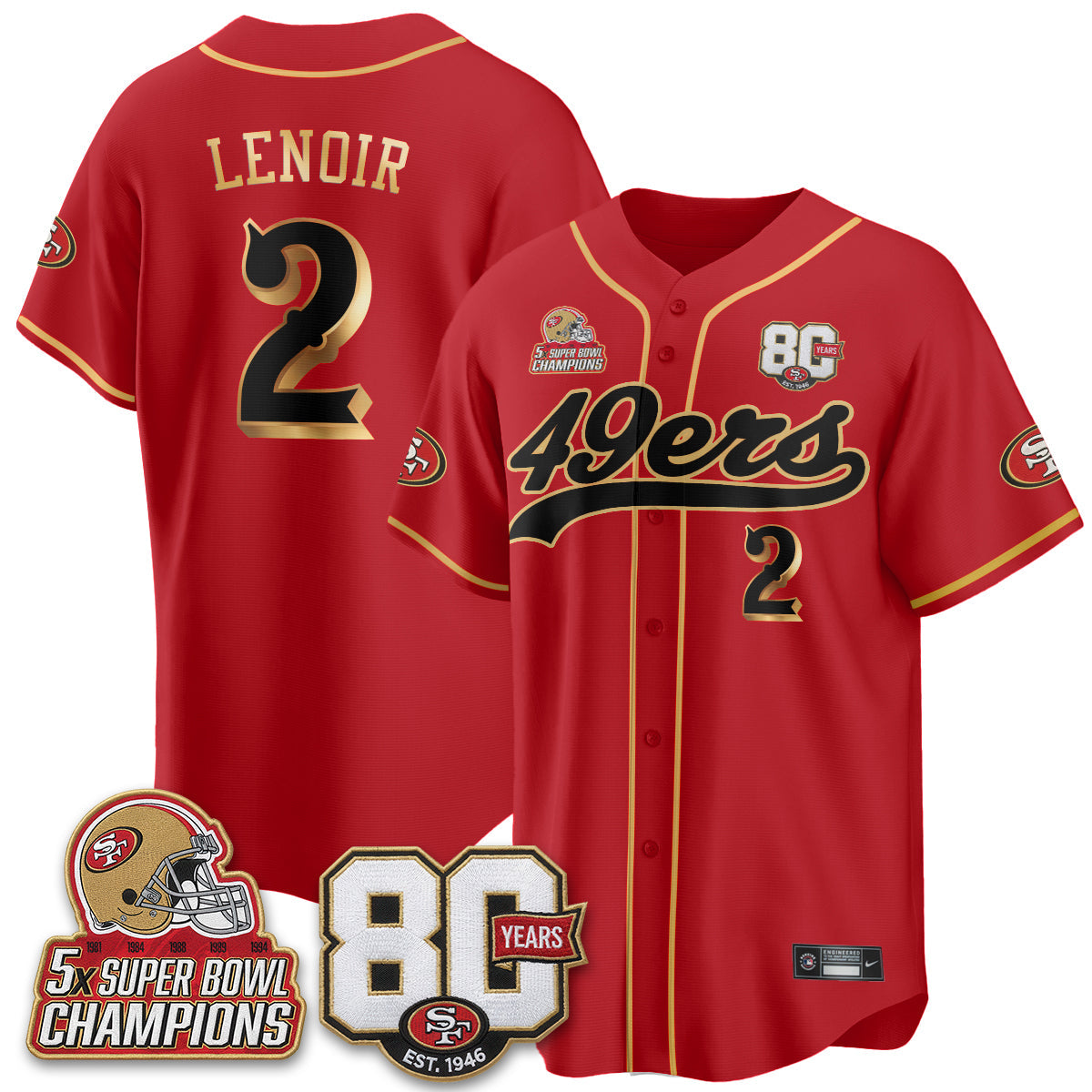 SF 80 Years & 5X Champs Patch Black Gold Baseball Jersey - Stitched