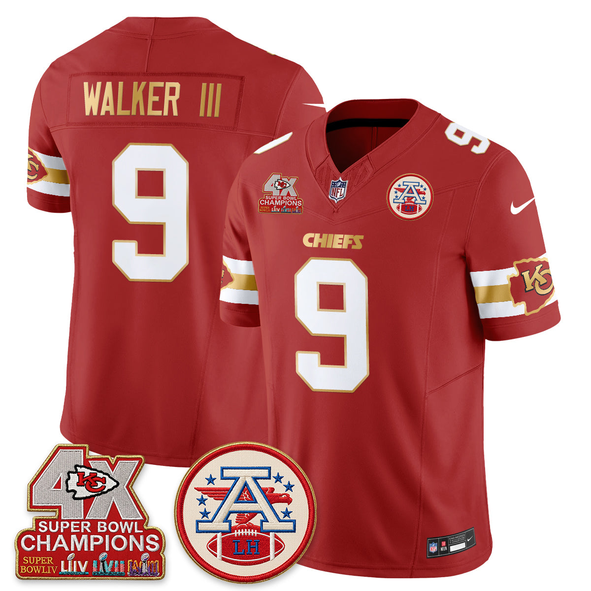 Kansas City Chiefs 4X Champs Gold Edition Vapor Jersey - Stitched