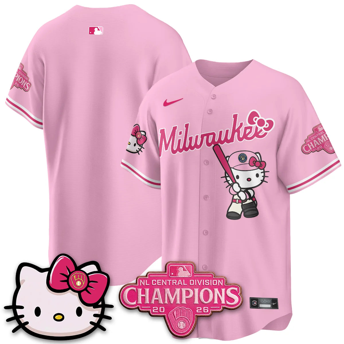 Milwaukee Brewers NL Central Champs x Meow KT Vapor Pink Jersey - Stitched