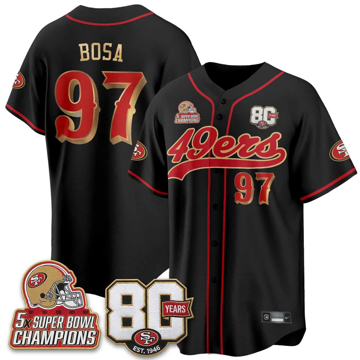SF 80 Years & 5X Champs Patch Black Gold Baseball Jersey - Stitched
