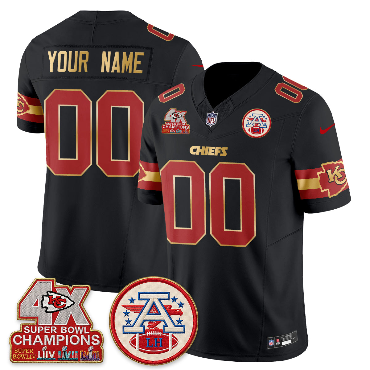 Kansas City Chiefs 4X Champs Gold Edition Vapor Custom Jersey - Stitched