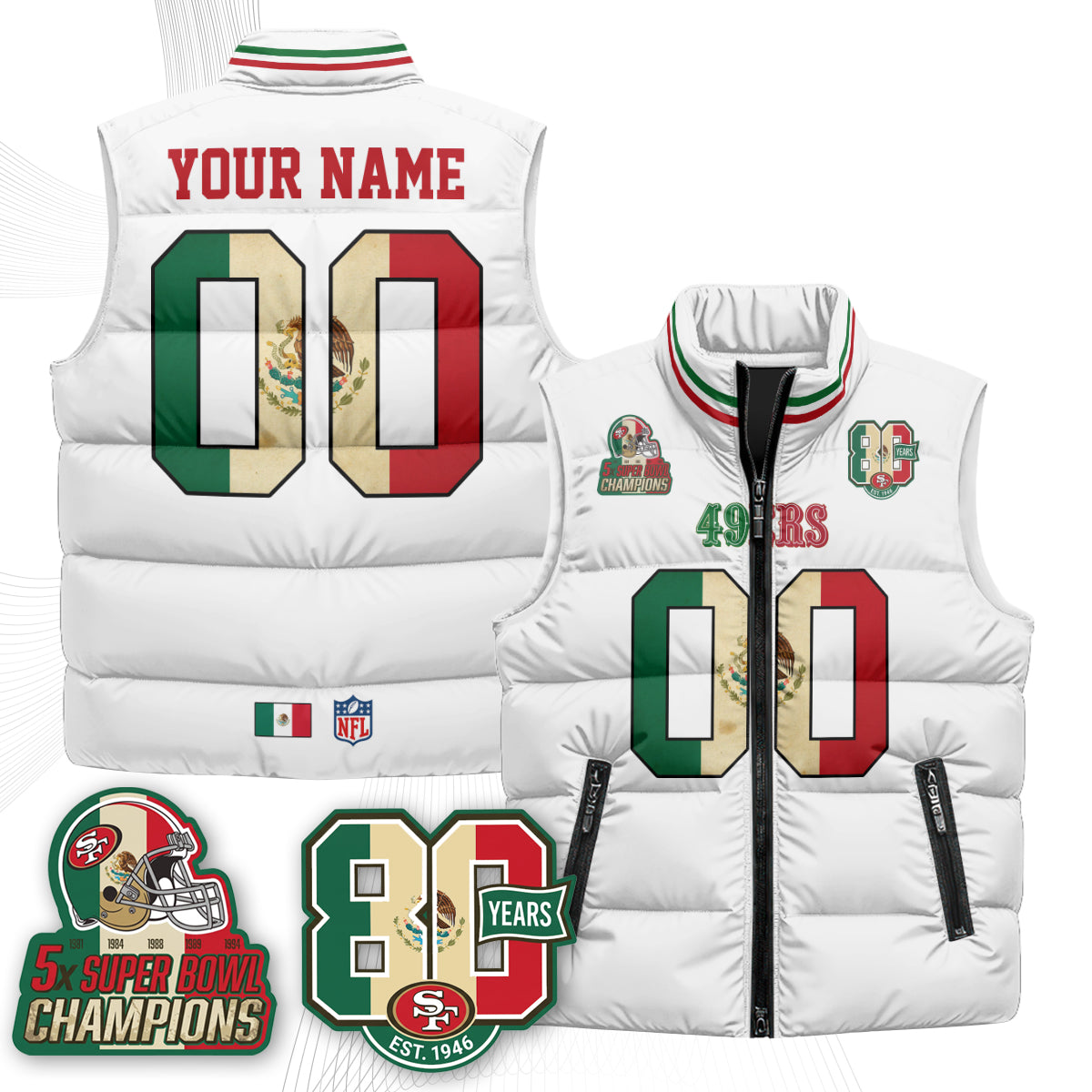 San Francisco 49ers Mexico Style Custom Puffer Vest - Printed