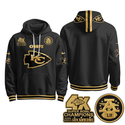 Kansas City Chiefs 4X Champs Gold Edition Hoodie - Stitched