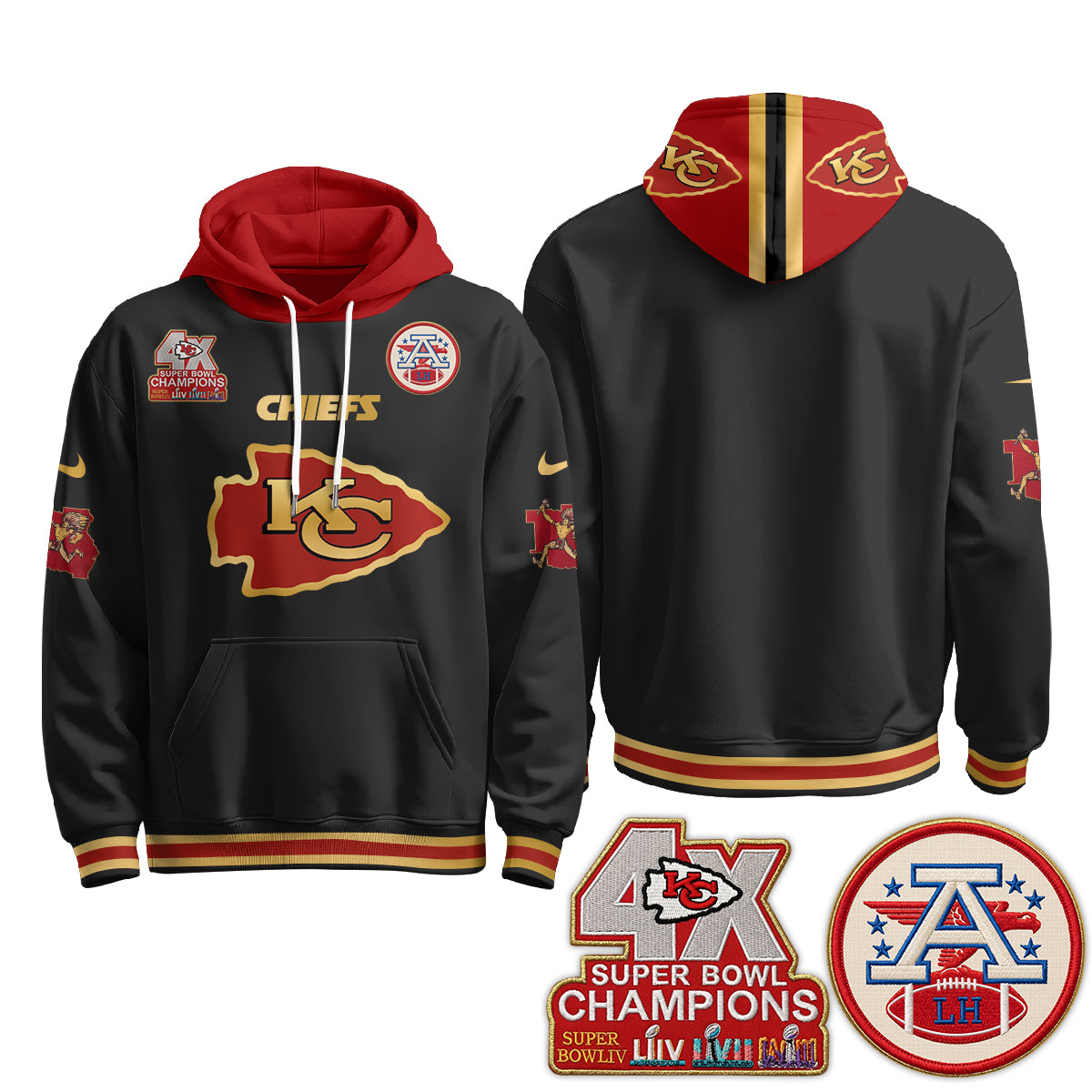Kansas City Chiefs 4X Champs Gold Edition Hoodie - Stitched