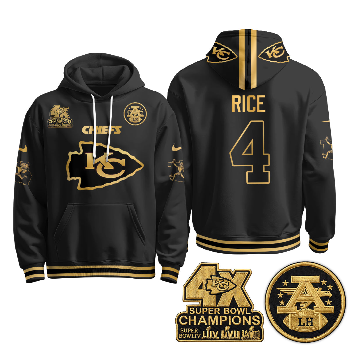 Kansas City Chiefs 4X Champs Gold Edition Hoodie - Stitched