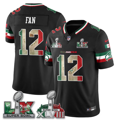 Seattle Seahawks 2X Champs Patch Mexico Edition Vapor Black Jersey- Stitched