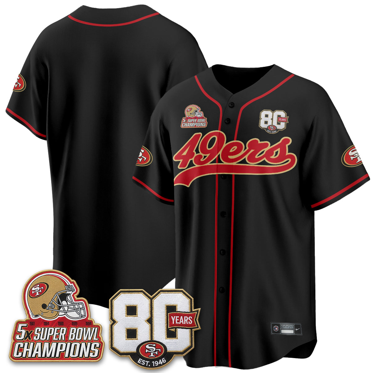 SF 80 Years & 5X Champs Patch Black Gold Baseball Jersey - Stitched
