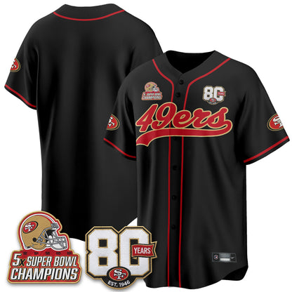SF 80 Years & 5X Champs Patch Black Gold Baseball Jersey - Stitched