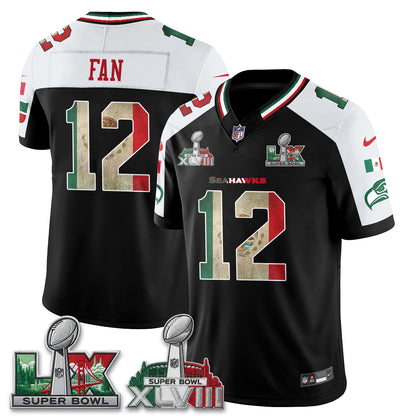 Seattle Seahawks 2X Champs Patch Mexico Edition Vapor Black Jersey- Stitched