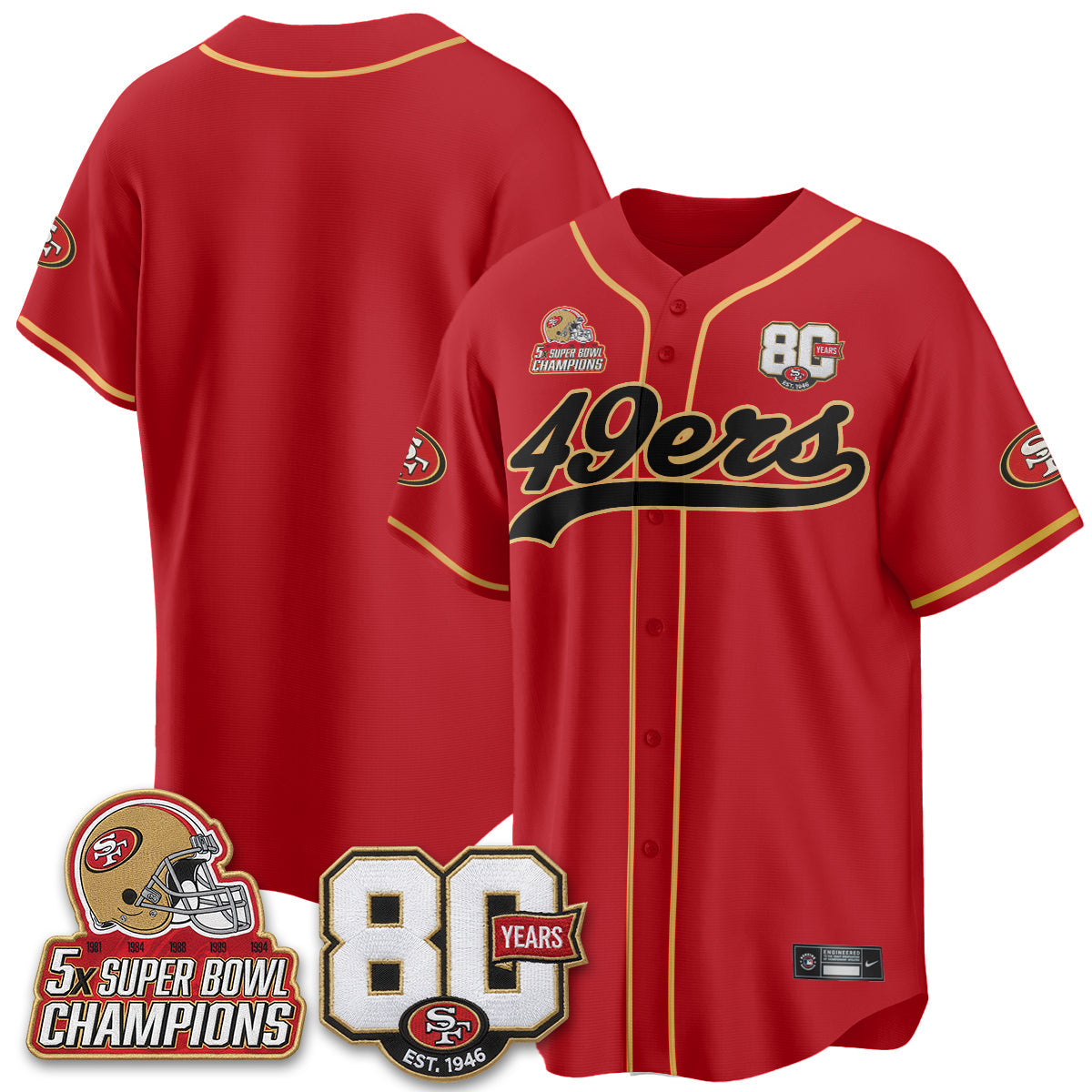 SF 80 Years & 5X Champs Patch Black Gold Baseball Jersey - Stitched