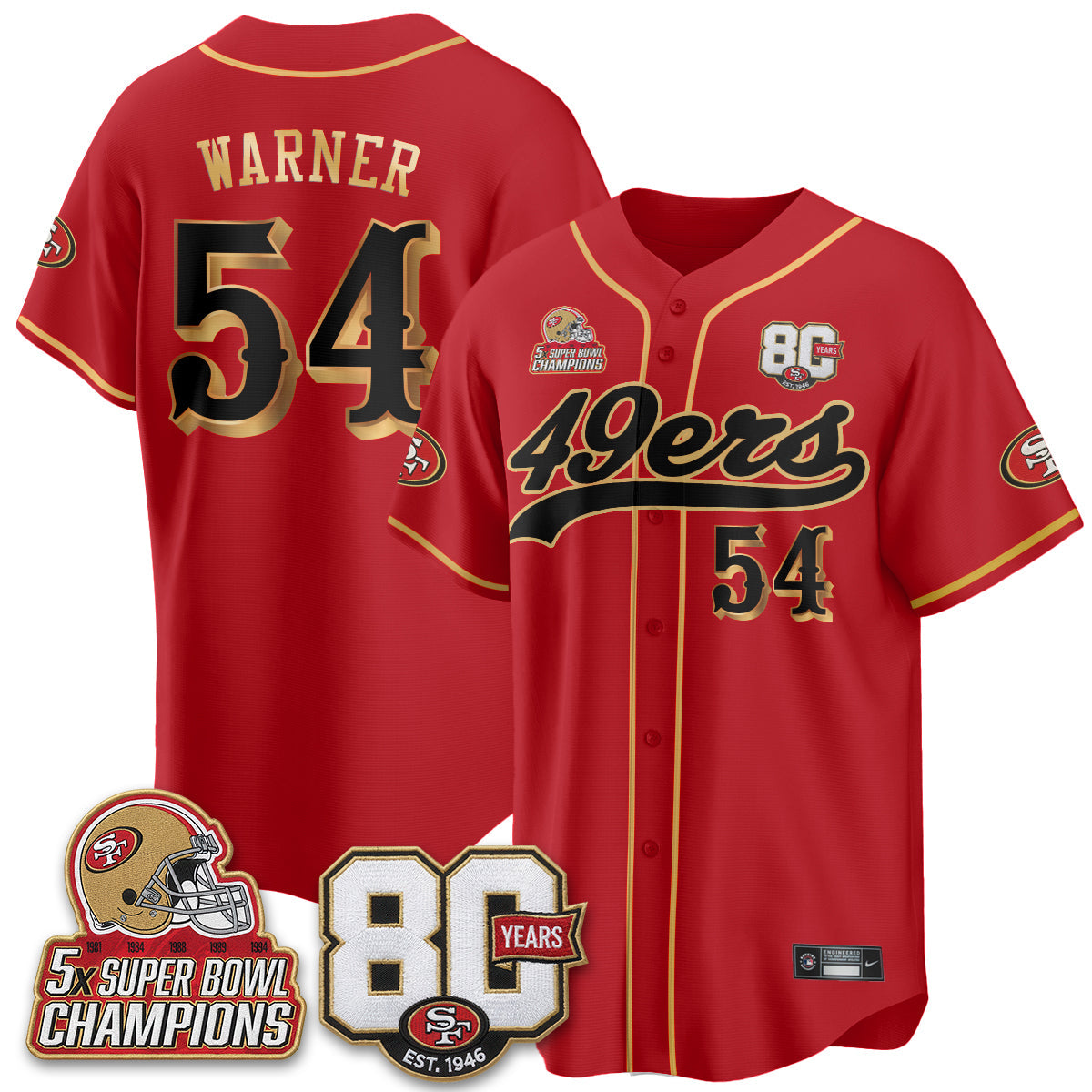 SF 80 Years & 5X Champs Patch Black Gold Baseball Jersey - Stitched