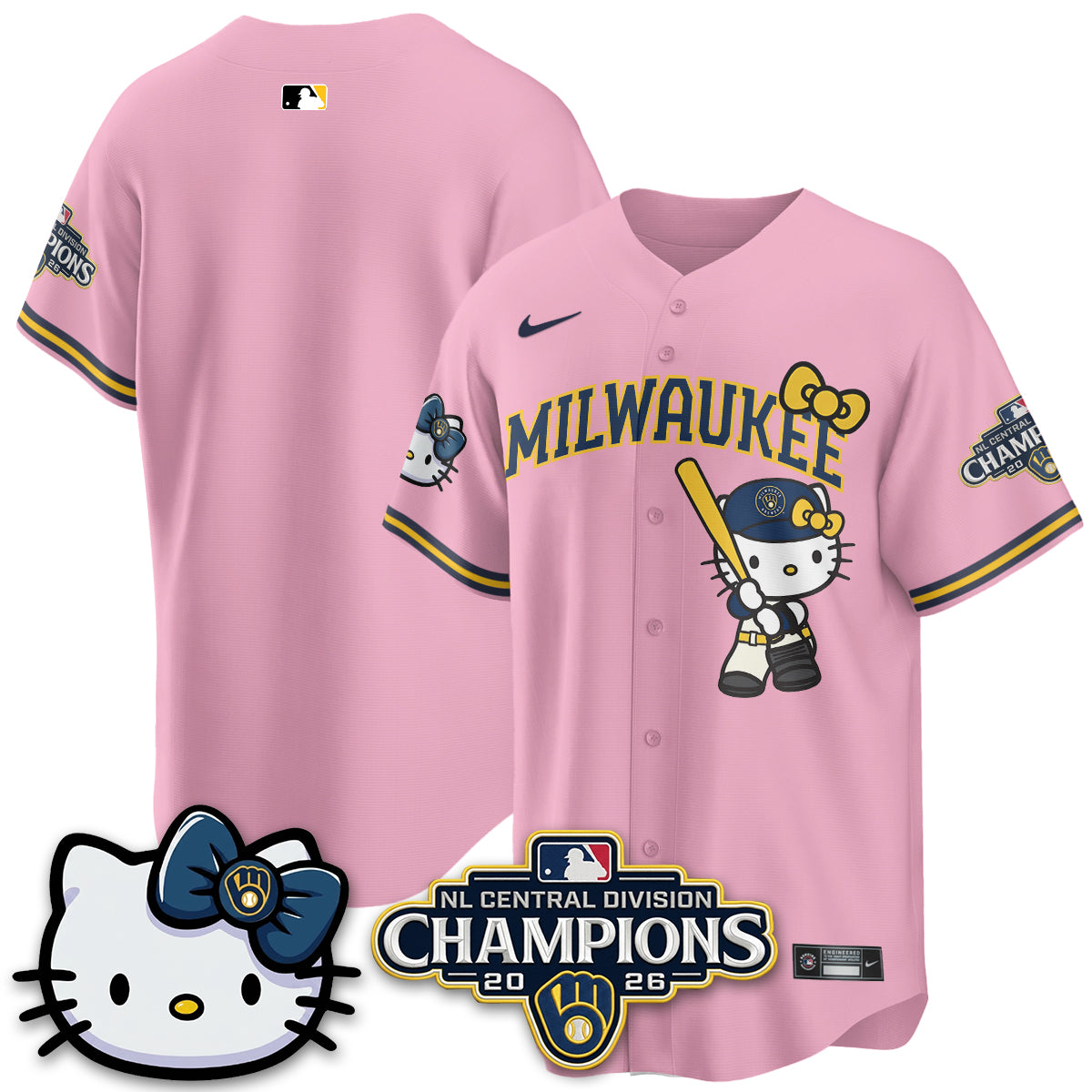 Milwaukee Brewers NL Central Champs x Meow KT Vapor Pink Jersey - Stitched