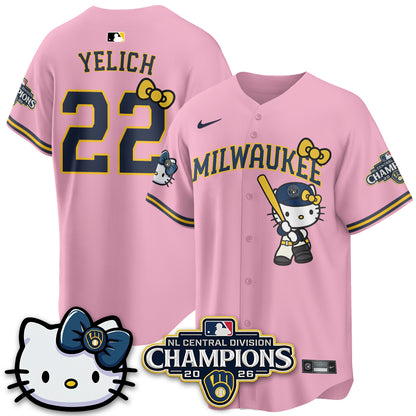 Milwaukee Brewers NL Central Champs x Meow KT Vapor Pink Jersey - Stitched