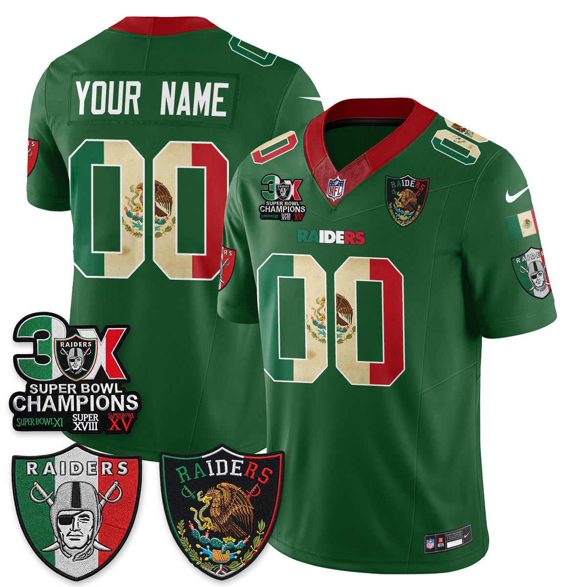 Las Vegas Raiders 3X Champs Mexico Edition Vapor Custom Jersey - Stitched
