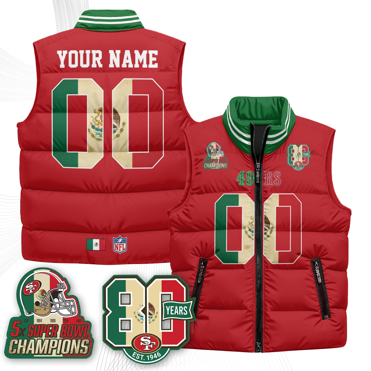 San Francisco 49ers Mexico Style Custom Puffer Vest - Printed