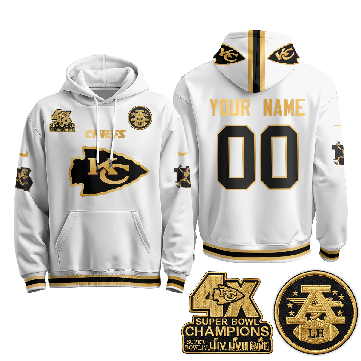 Kansas City Chiefs 4X Champs Gold Edition Custom Hoodie - Stitched