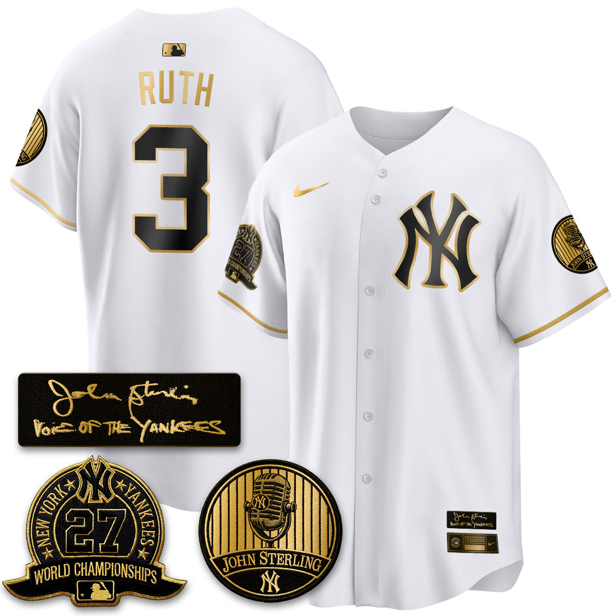 NYY John Sterling Tribute Patch Limited Gold Jersey - Stitched