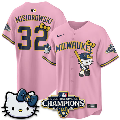 Milwaukee Brewers NL Central Champs x Meow KT Vapor Pink Jersey - Stitched