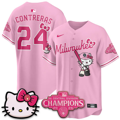 Milwaukee Brewers NL Central Champs x Meow KT Vapor Pink Jersey - Stitched