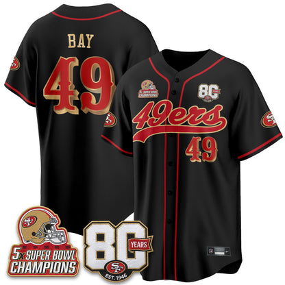 SF 80 Years & 5X Champs Patch Black Gold Baseball Jersey - Stitched