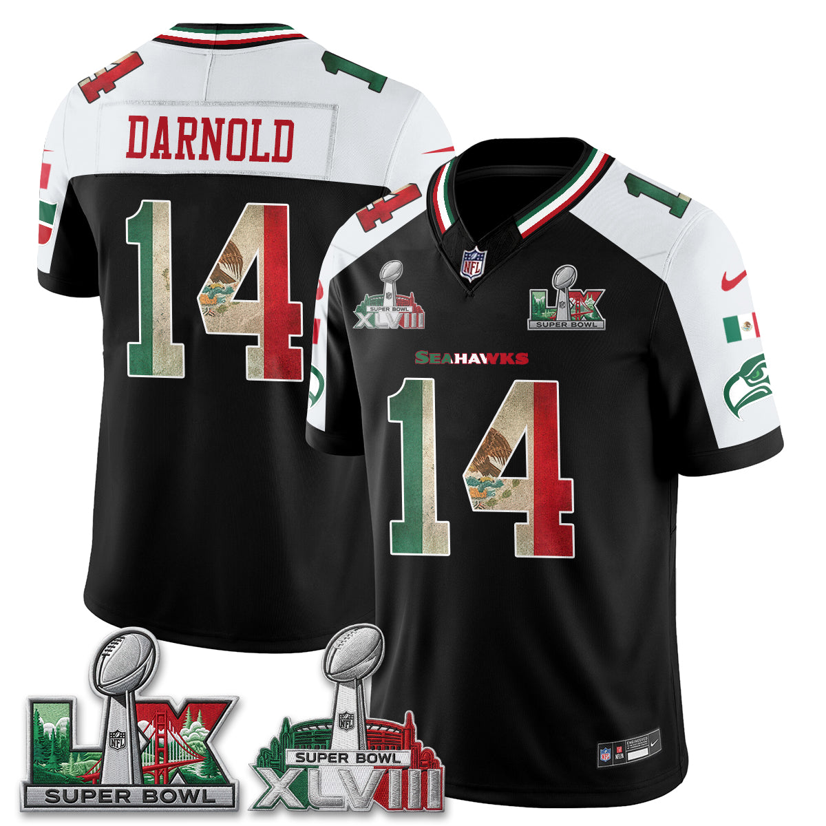 Seattle Seahawks 2X Champs Patch Mexico Edition Vapor Black Jersey- Stitched